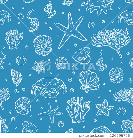 Hand drawn nautical pattern in blue. Shells, corals, crab, fish in a repeating seamless pattern with sea life. Hand drawn nautical pattern in blue. Shells, corals, crab, fish in a repeating seamless pattern with sea life. 126296766