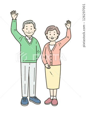 An elderly couple raising one hand and waving 126297001