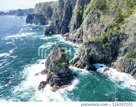 Aerial photography of Iwate Prefecture: Drone captures cliffs of Kitayamazaki, Iwate Prefecture, Tanohata Village Aerial photography of Iwate Prefecture: Drone captures cliffs of Kitayamazaki, Iwate Prefecture, Tanohata Village 126297201