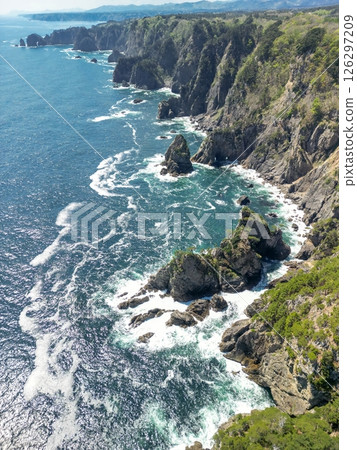 Aerial photography of Iwate Prefecture: Drone captures cliffs of Kitayamazaki, Iwate Prefecture, Tanohata Village Aerial photography of Iwate Prefecture: Drone captures cliffs of Kitayamazaki, Iwate Prefecture, Tanohata Village 126297209