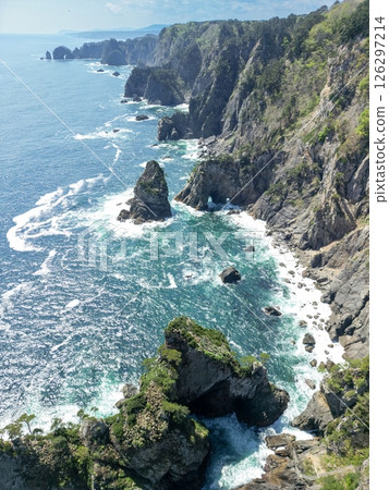 Aerial photography of Iwate Prefecture: Drone captures cliffs of Kitayamazaki, Iwate Prefecture, Tanohata Village Aerial photography of Iwate Prefecture: Drone captures cliffs of Kitayamazaki, Iwate Prefecture, Tanohata Village 126297214