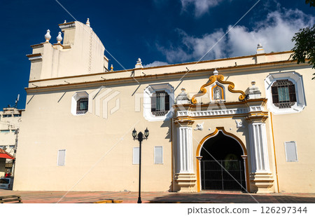 Baroque facade of Sanctuary of Our Lady of La Merced in Leon, Nicaragua. 126297344