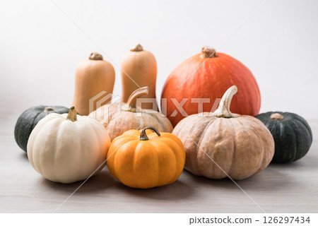 Various pumpkins on white background, Agriculture and harvesting Various pumpkins on white background, Agriculture and harvesting 126297434