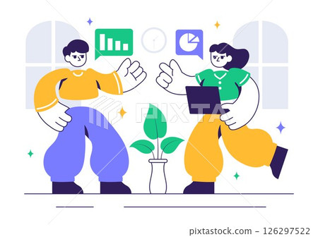 Vector illustration of a Coworking Business Featuring Colleagues Talking, Meeting, and Working Together in an Office Company Environment Background 126297522