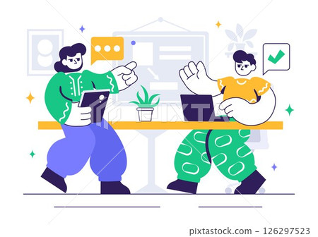 Vector illustration of a Coworking Business Featuring Colleagues Talking, Meeting, and Working Together in an Office Company Environment Background Vector illustration of a Coworking Business Featuring Colleagues Talking, Meeting, and Working Together in an Office Company Environment Background 126297523