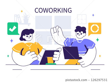 Vector illustration of a Coworking Business Featuring Colleagues Talking, Meeting, and Working Together in an Office Company Environment Background 126297531