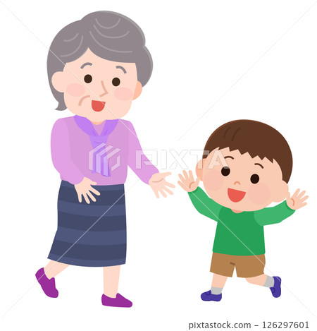 老年婦女與孫子玩插畫 老年婦女與孫子玩插畫 126297601