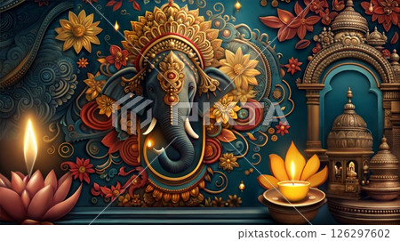 Ganesha Wall Art with Intricate Floral Patterns and Decorative Elements for Diwali 126297602