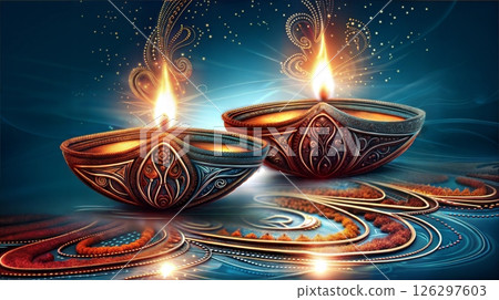 Pair of Ornate Diwali Lamps Illuminating a Festive Scene with Swirling Designs Pair of Ornate Diwali Lamps Illuminating a Festive Scene with Swirling Designs 126297603