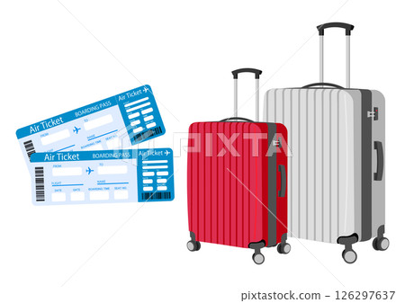 Going on a trip with plane tickets and suitcase 126297637