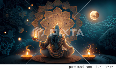 Meditating figure holding Diya under moonlight for Diwali night 126297656