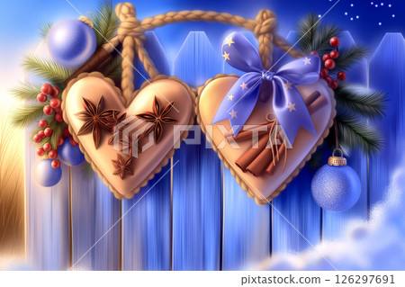 Christmas heart-shaped gingerbread cookies with cinnamon and anise on blue fence background 126297691