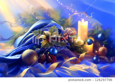 Christmas candles with holly and ribbons on blue silk background 126297706