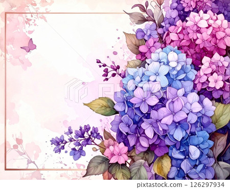充滿活力的畫框，周圍環繞著水彩繡球花 126297934