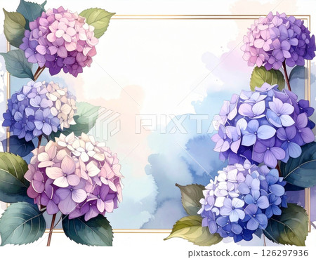 A vibrant frame surrounded by watercolor hydrangeas A vibrant frame surrounded by watercolor hydrangeas 126297936