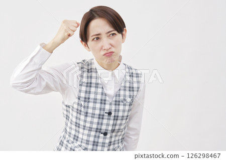 Female office worker angry white background right facing Female office worker angry white background right facing 126298467