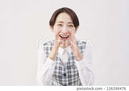 Female office worker talking on white background Female office worker talking on white background 126298476