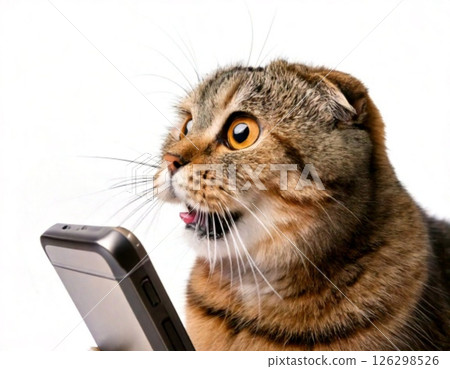 Surprised cat holding a smartphone 126298526