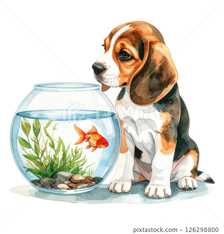 一隻小獵犬小狗看著金魚缸的復古插圖 1 / 傳單或海報材料 一隻小獵犬小狗看著金魚缸的復古插圖 1 / 傳單或海報材料 126298800