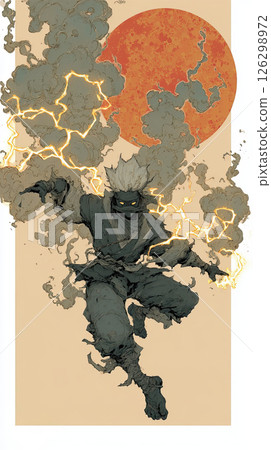 Dark ninja lightning smoke dynamic pose watercolor illustration red sun dramatic 126298972