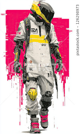 Futuristic astronaut, cybernetic warrior, yellow helmet, white suit, pink accent, digital art 126298973