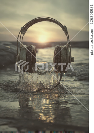Headphone water sunset ocean splash creative surreal music outdoor reflection 126298981