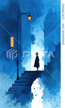 Moody watercolor illustration of woman standing on stairs under street lamp at night Moody watercolor illustration of woman standing on stairs under street lamp at night 126298982