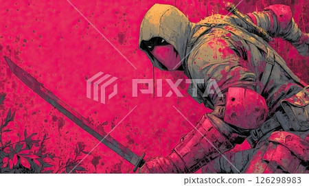 Masked warrior, hooded fighter, sword, stylized watercolor, red background, intense action Masked warrior, hooded fighter, sword, stylized watercolor, red background, intense action 126298983