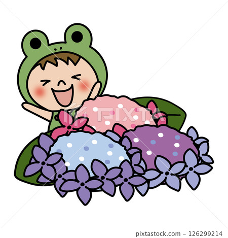 A child (boy 1) wearing a frog headgear looking at hydrangeas 126299214