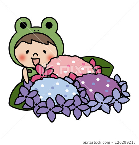 戴著青蛙頭飾的兒童（男孩 2）正在觀賞繡球花 126299215