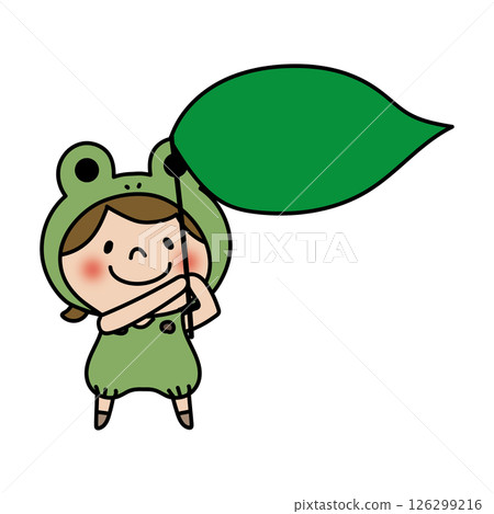 A child (girl 1) wearing a frog headgear and holding a large leaf 126299216