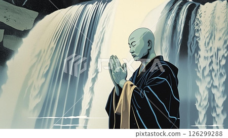 Illustration of a monk practicing asceticism under a waterfall 126299288