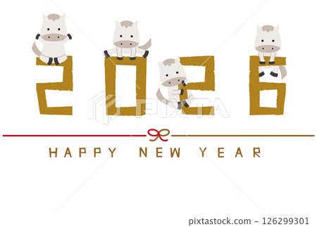 2026 New Year's card Happy new year Mizuhiki Horizontal Gold 2026 and White horse White background 126299301