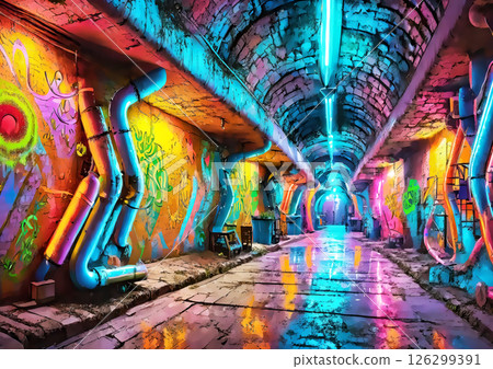 彩色裝飾的地下通道 3D 插圖背景 彩色裝飾的地下通道 3D 插圖背景 126299391