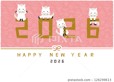 2026新年賀卡新年快樂水引橫金色2026和白馬粉紅色背景 126299613