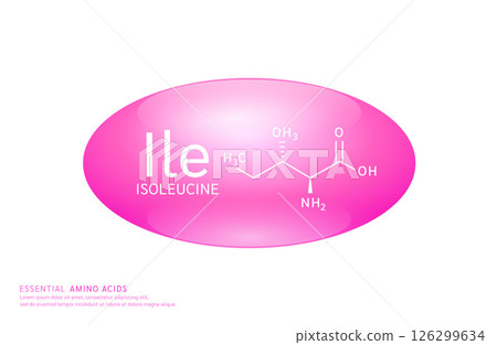 Essential amino acids isoleucine pink ellipse form with chemical structure on white background. For design supplement for the body and muscles. Medical Science. Vector EPS10. 126299634