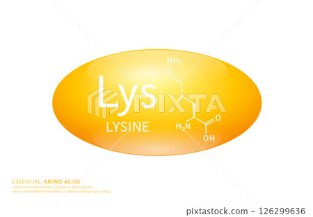 Essential amino acids lysine orange ellipse form with chemical structure on white background. For design supplement for the body and muscles. Medical Science. Vector EPS10. Essential amino acids lysine orange ellipse form with chemical structure on white background. For design supplement for the body and muscles. Medical Science. Vector EPS10. 126299636