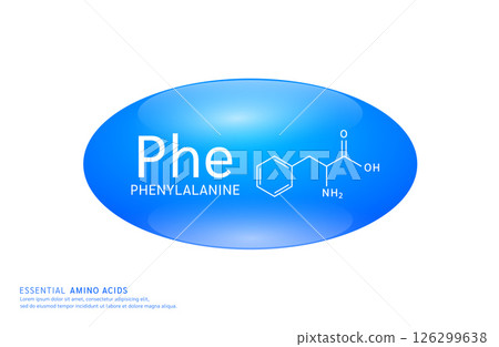 Non essential amino acids phenylalanine blue ellipse form with chemical structure on white background. For design supplement for the body and muscles. Medical Science. Vector EPS10. Non essential amino acids phenylalanine blue ellipse form with chemical structure on white background. For design supplement for the body and muscles. Medical Science. Vector EPS10. 126299638
