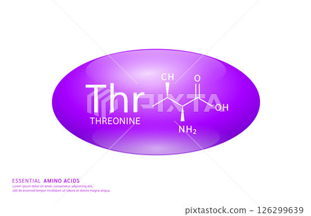 Essential amino acids threonine purple ellipse form with chemical structure on white background. For design supplement for the body and muscles. Medical Science. Vector EPS10. 126299639