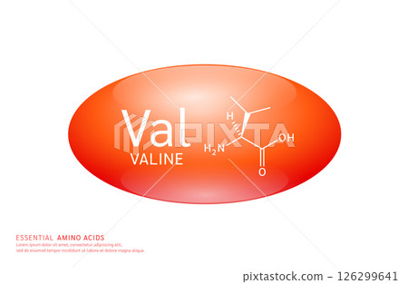 Essential amino acids valine red ellipse form with chemical structure on white background. For design supplement for the body and muscles. Medical Science. Vector EPS10. Essential amino acids valine red ellipse form with chemical structure on white background. For design supplement for the body and muscles. Medical Science. Vector EPS10. 126299641