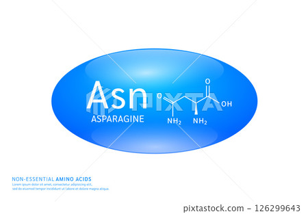Non essential amino acids asparagine blue ellipse form with chemical structure on white background. For design supplement for the body and muscles. Medical Science. Vector EPS10. Non essential amino acids asparagine blue ellipse form with chemical structure on white background. For design supplement for the body and muscles. Medical Science. Vector EPS10. 126299643
