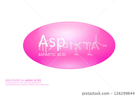 Non essential amino acids aspartic acid pink ellipse form with chemical structure on white background. For design supplement for the body and muscles. Medical Science. Vector EPS10. Non essential amino acids aspartic acid pink ellipse form with chemical structure on white background. For design supplement for the body and muscles. Medical Science. Vector EPS10. 126299644
