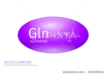 Non essential amino acids glutamic purple ellipse form with chemical structure on white background. For design supplement for the body and muscles. Medical Science. Vector EPS10. 126299646