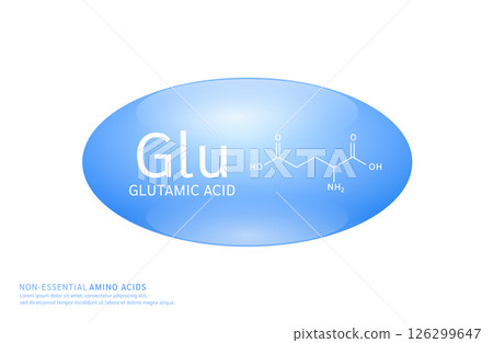 Non essential amino acids glutamic acid blue ellipse form with chemical structure on white background. For design supplement for the body and muscles. Medical Science. Vector EPS10. 126299647
