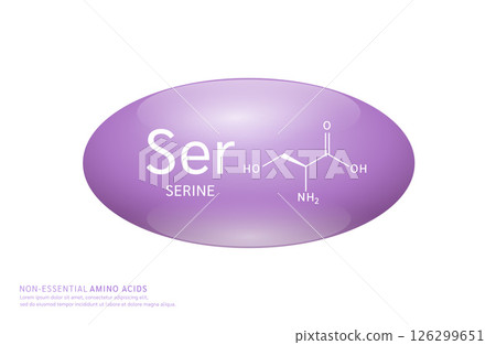 Non essential amino acids serine purple ellipse form with chemical structure on white background. For design supplement for the body and muscles. Medical Science. Vector EPS10. Non essential amino acids serine purple ellipse form with chemical structure on white background. For design supplement for the body and muscles. Medical Science. Vector EPS10. 126299651