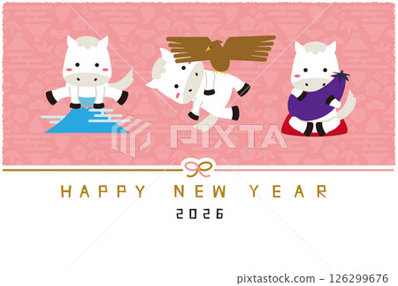 2026 New Year's card Happy new year Mizuhiki First dream of the year Pink background 126299676