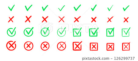 Check tick mark icon set. Cross box x check mark checkbox v list vector draw hand drawn sketch doodle brush marker checklist symbol wrong right circle. Vector Check tick mark icon set. Cross box x check mark checkbox v list vector draw hand drawn sketch doodle brush marker checklist symbol wrong right circle. Vector 126299737