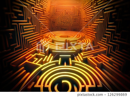 閃閃發光的金色背景的抽象迷宮的 3D 插圖背景 126299869