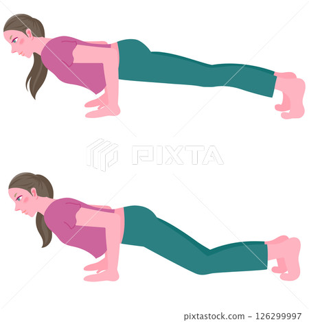 Woman doing yoga four-limbed staff pose (set of two poses: knees up and kneeling) 126299997