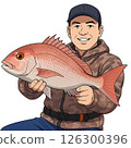 Illustration of a fisherman who caught a red sea bream 126300396